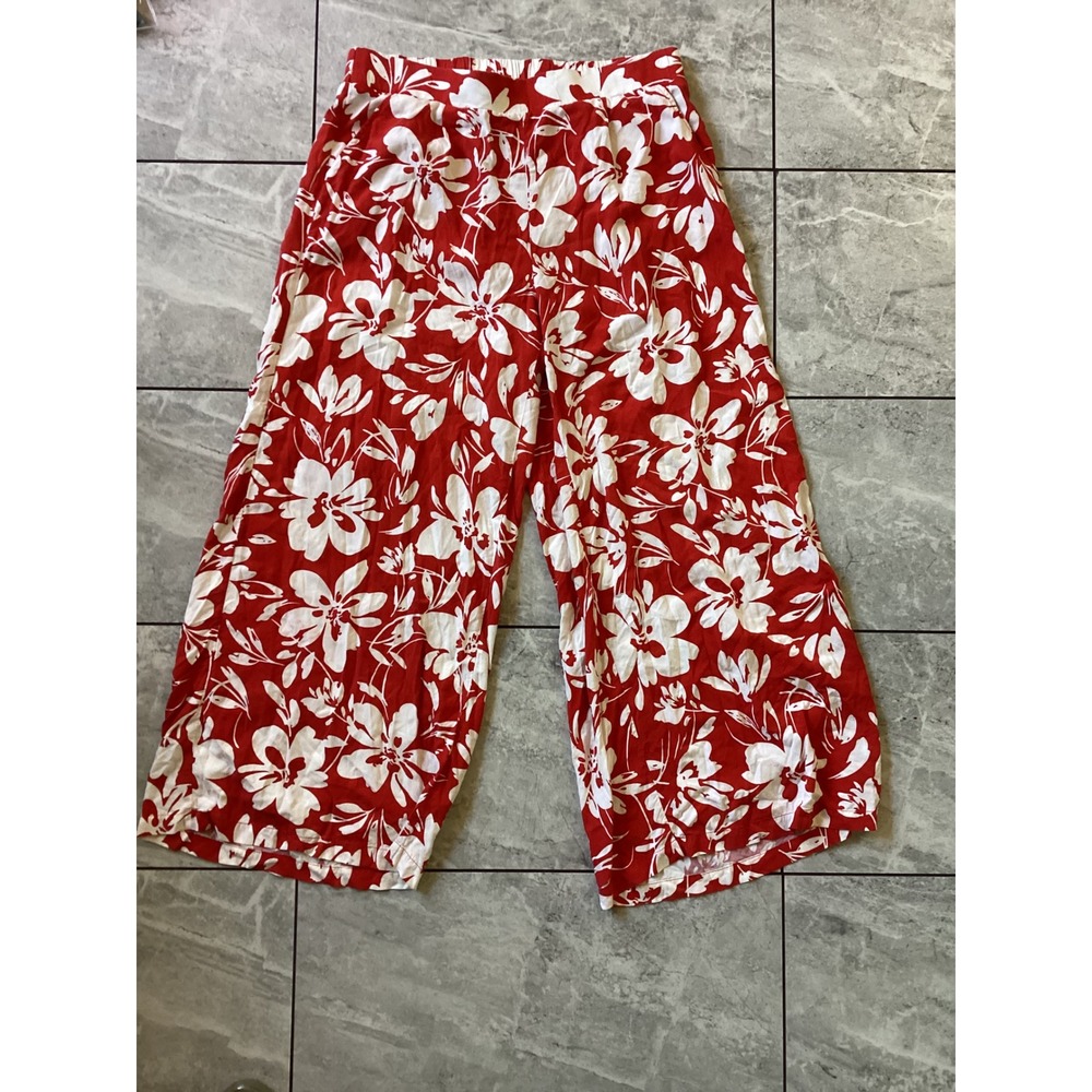Torrid Womens Red White Floral Wide Leg Crop Pants Plus Size 1 Elastic Waist